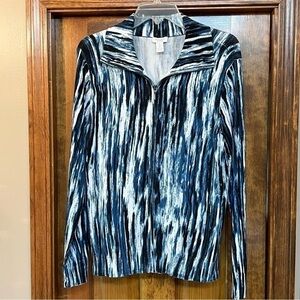 Full Zip Cardigan Cotton Blend Sz 1(10) Blue Black White EUC Weekends by Chico’s